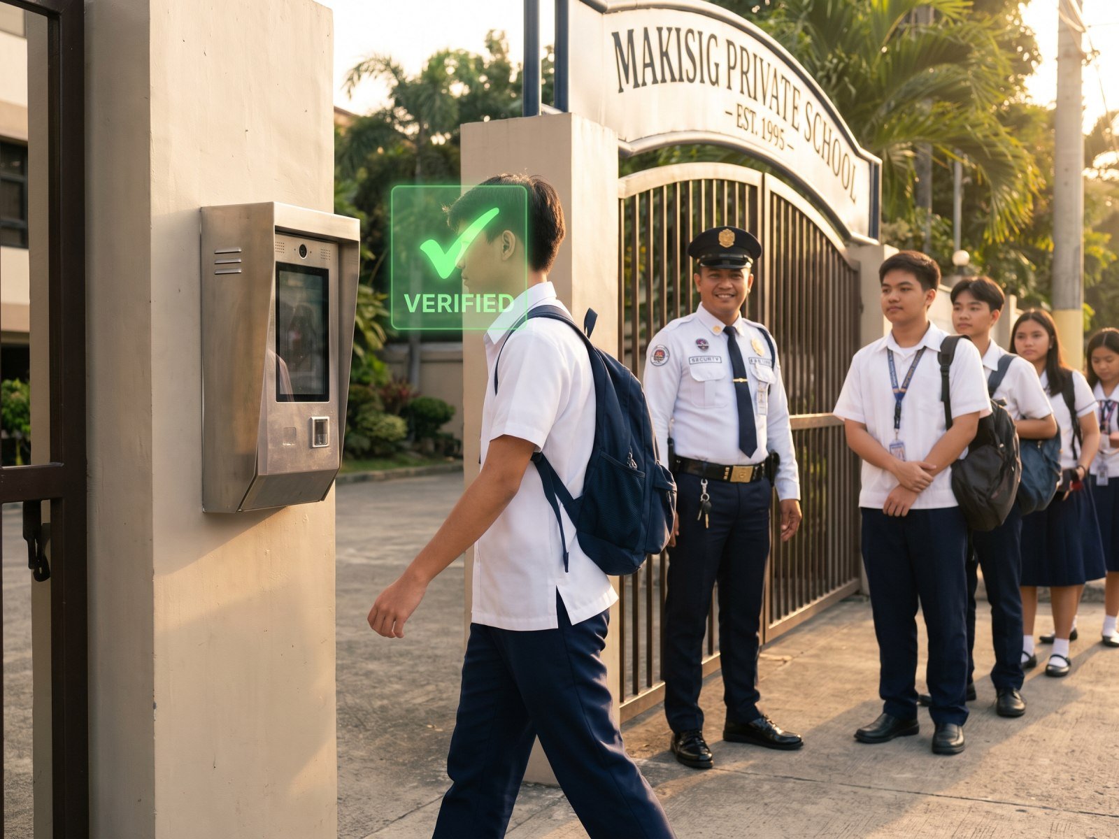 A learner is recognised by the face check-in terminal at the school gate as classmates and the guard look on